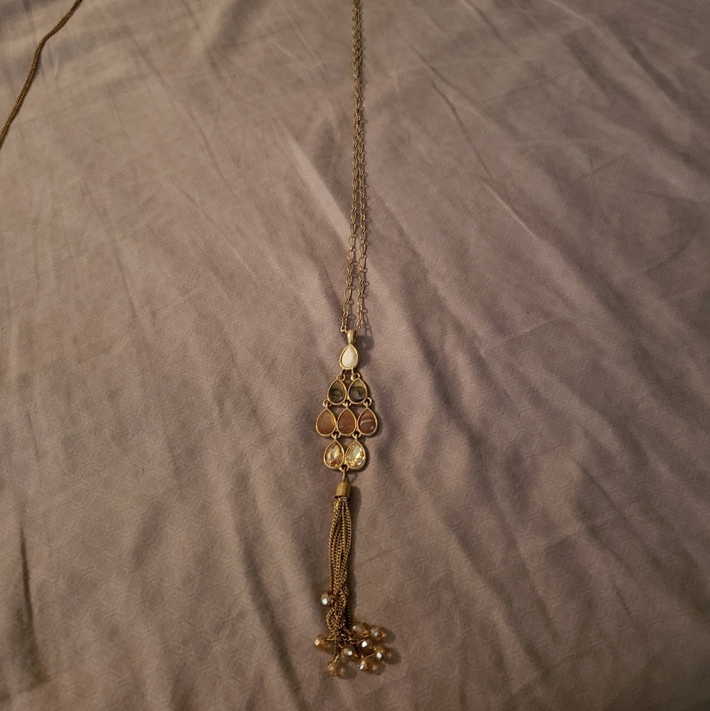 Long gold neutral stone tassel necklace
